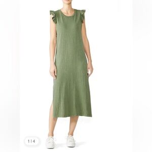 Sundry Olive Green Ruffle Midi Dress, cotton jersey knit